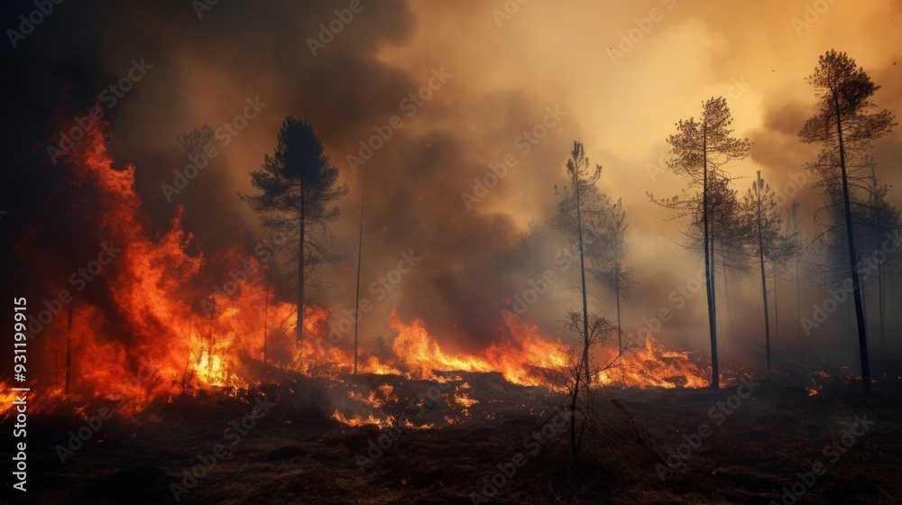 Fire accident in forest area due to global warming. Neural network ai generated art Fire accident in forest area due to global warming. Neural network ai generated art