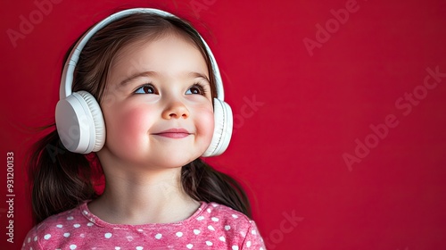 Little girl with headphones listening to music, smiling.
