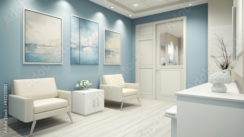 A modern waiting room with light colors and artwork, designed for comfort and relaxation.