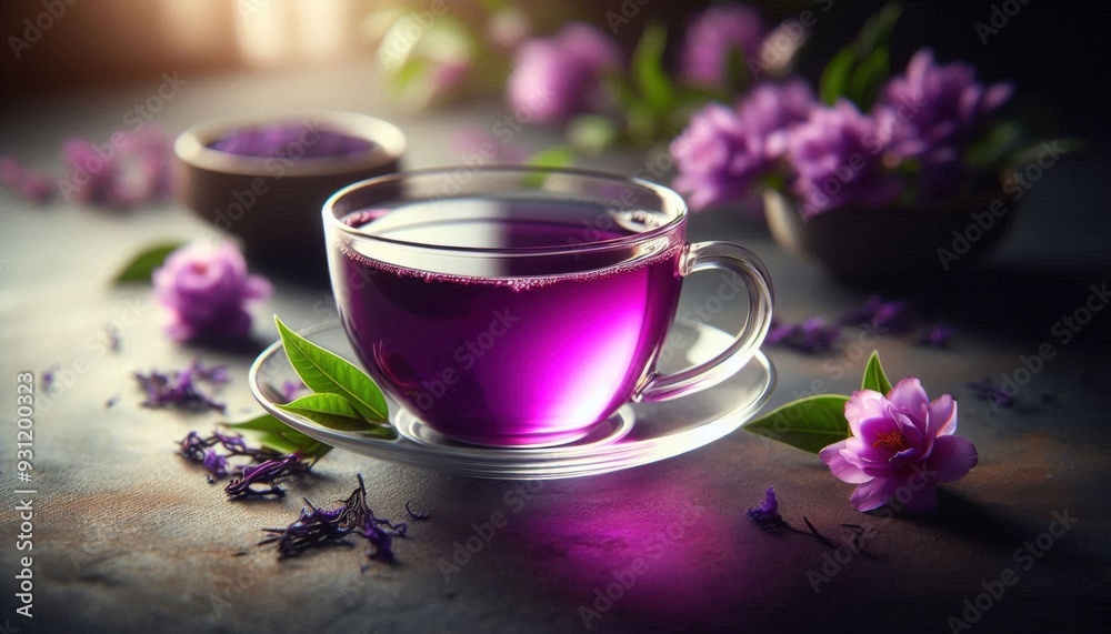 Fototapeta premium a glass teacup filled with vibrant purple tea, highlighting its unique and striking color. The tea is served on a simple, elegant surface with a few fresh purple tea leaves and flowers scattered aroun