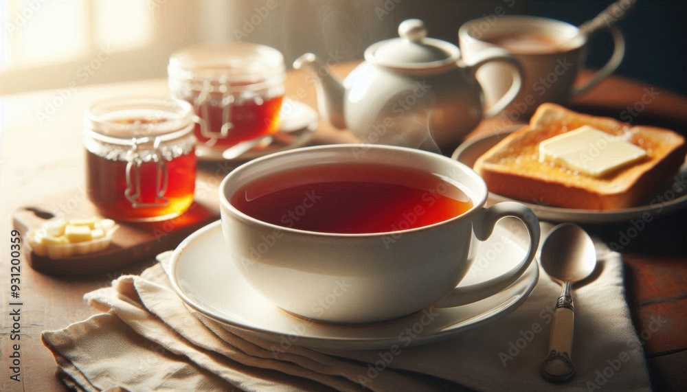 a steaming cup of strong, robust breakfast tea served in a classic white ceramic mug. The tea is a deep amber color, accompanied by a small plate with a slice of buttered toast, a jar of jam, and a sp a steaming cup of strong, robust breakfast tea served in a classic white ceramic mug. The tea is a deep amber color, accompanied by a small plate with a slice of buttered toast, a jar of jam, and a sp
