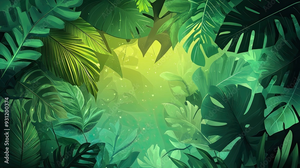 Lush green foliage creates a vibrant frame around a soft green center with subtle lighting. Lush green foliage creates a vibrant frame around a soft green center with subtle lighting.