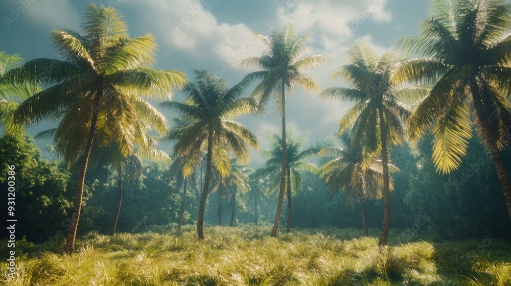 Obraz premium Tropical palm trees stand tall under a soft, hazy sky, surrounded by lush grass, evoking a serene and warm atmosphere in a tranquil natural setting.