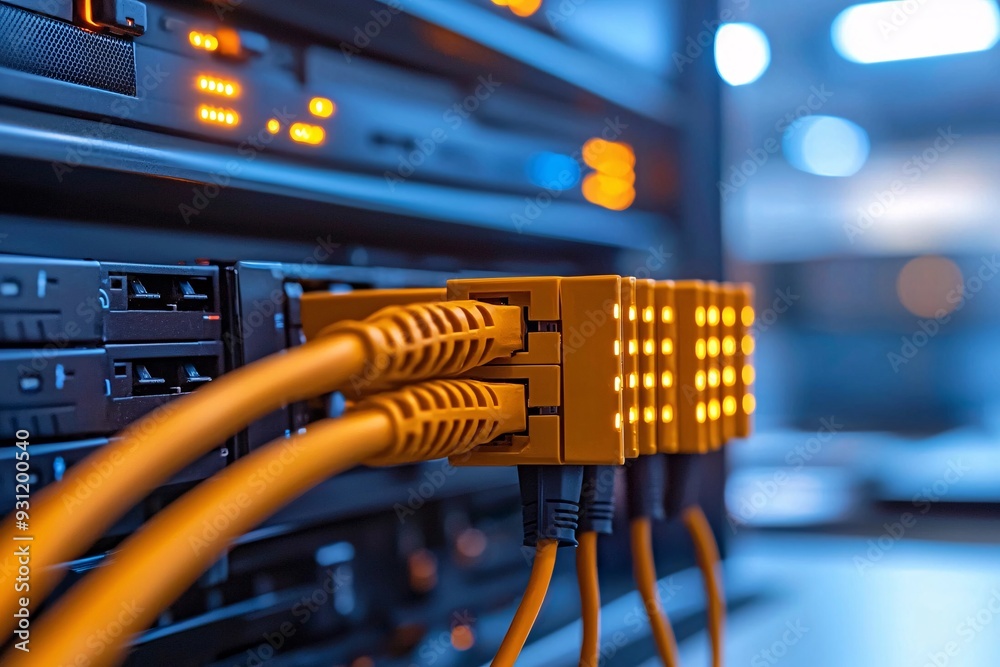 Server Rack with Orange Ethernet Cables Connected. Server Rack with Orange Ethernet Cables Connected.