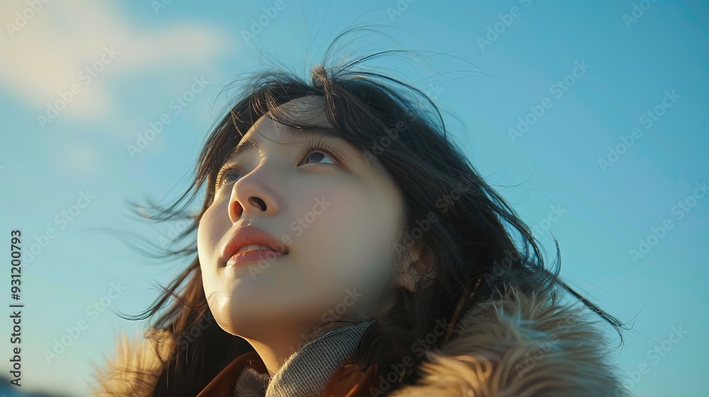 Young korean woman looking up at the sky blue Young korean woman looking up at the sky blue