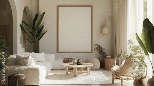 Modern Living Room Interior with White Sofa, Large Blank Canvas, and Natural Elements