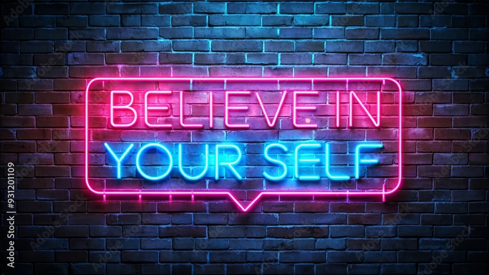 Obraz premium Believe In Yourself Neon Sign On Brick Wall.