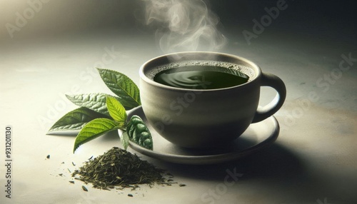 a steaming cup of guayusa tea, known for its deep, rich green color. The tea is served in a simple, modern ceramic cup or mug, with a few fresh guayusa leaves placed nearby
