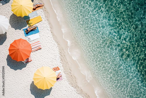 Aerial view of beach with umbrella and beach chair, Beach scene with sea wave and sand space.