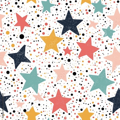 Seamless pattern of whimsical stars and polka dots in pastel shades