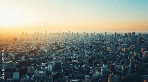 A panoramic cityscape at sunset, showcasing urban buildings and a vast skyline.