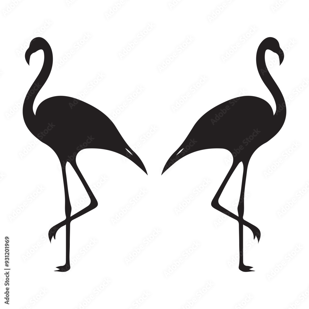 Naklejka premium Vector illustration of flamingo in outline style is isolated on white background. Black silhouette of tropical bird flamingo standing on one leg .Cranes, Egrets, and Flamingoes