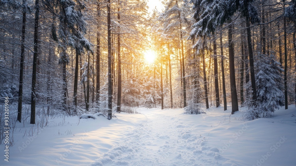 Fototapeta premium Snowy Forest Path at Sunset