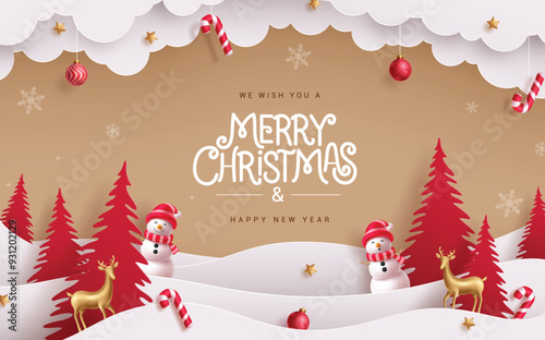 Merry christmas greeting card vector banner design. Christmas and happy new year greeting text with red pine tree paper cut, snowman, clouds origami and hanging xmas elements. Vector illustration red 