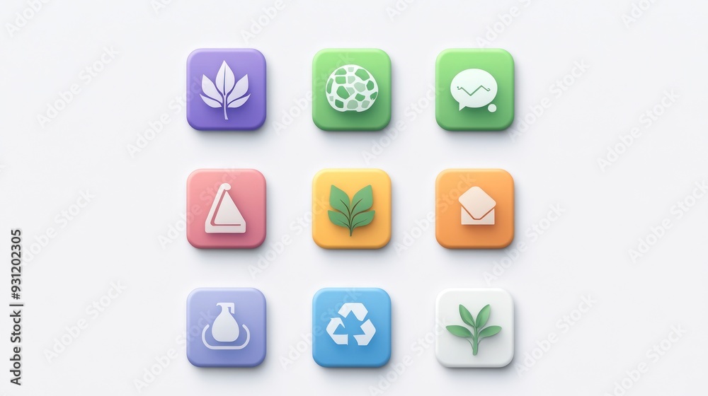 Nine colorful icons with various symbols, including a leaf, turtle, smiley, warning sign, envelope, and others on a white background, suggesting a theme related to nature and communication. Nine colorful icons with various symbols, including a leaf, turtle, smiley, warning sign, envelope, and others on a white background, suggesting a theme related to nature and communication.