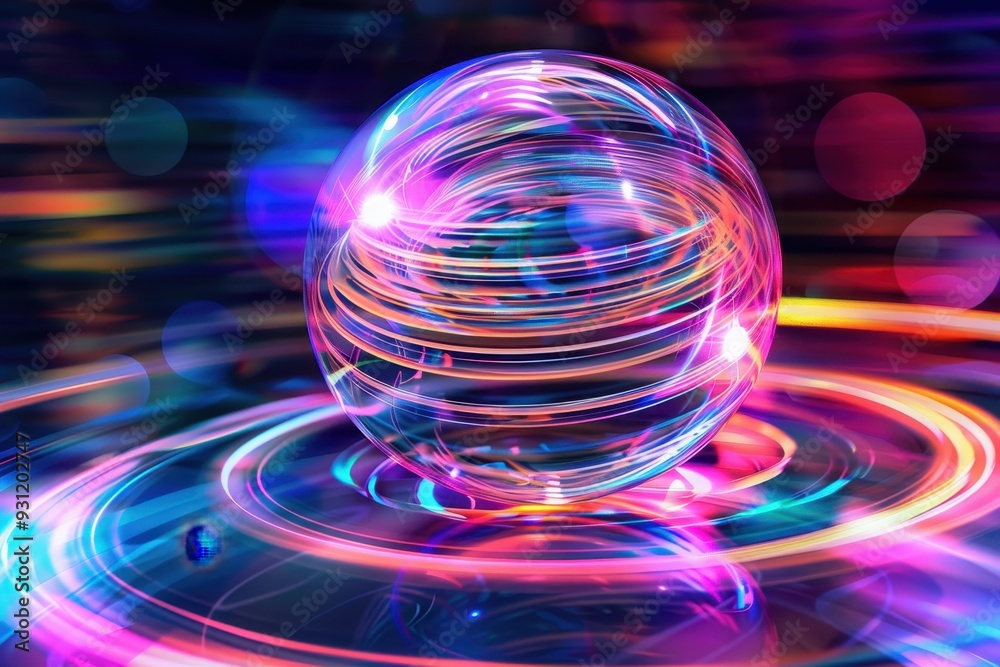 A floating holographic sphere surrounded by orbiting rings, each ring displaying different colors. A floating holographic sphere surrounded by orbiting rings, each ring displaying different colors.