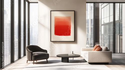 Modern Living Room with Red Abstract Painting and City Views