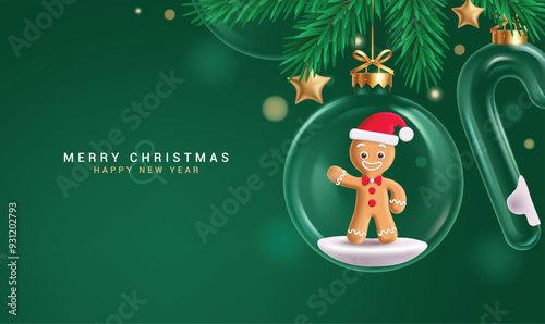 Christmas glass ball vector design. Merry chirtsmas and happy new year greeting text with ginger bread in hanging crystal ball, transparent candy cane and gold stars decoration elements. Vector 