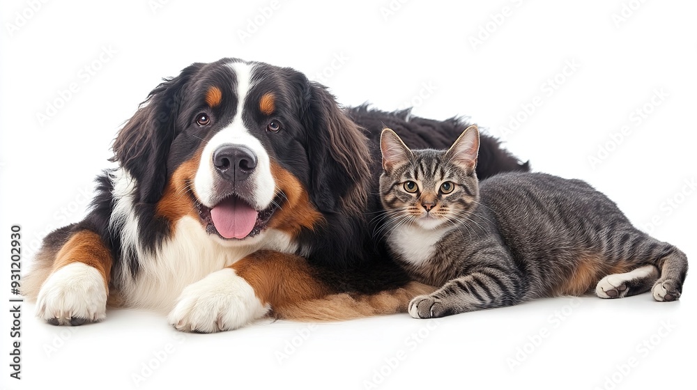 A Bernese Mountain Dog and a tabby cat lie side-by-side, the dog is looking at the camera with its tongue sticking out, while the cat looks to the left. A Bernese Mountain Dog and a tabby cat lie side-by-side, the dog is looking at the camera with its tongue sticking out, while the cat looks to the left.