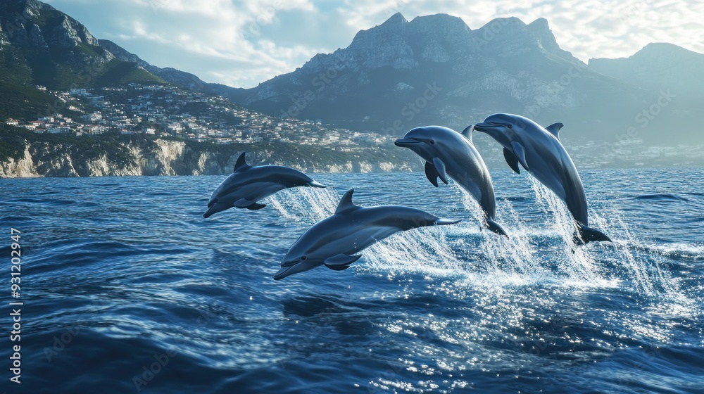 Fototapeta premium Dolphins Leap Out of the Water Against a Mountainous Seascape