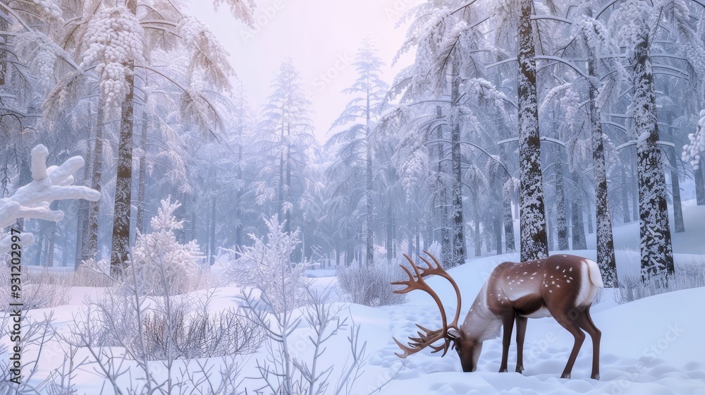 Peaceful festive 3D reindeer grazing in snowy forest, Christmas holiday wildlife background Peaceful festive 3D reindeer grazing in snowy forest, Christmas holiday wildlife background