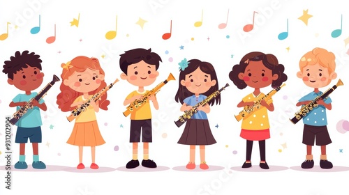A colorful illustration of children playing musical instruments, showcasing joy and creativity in music education.