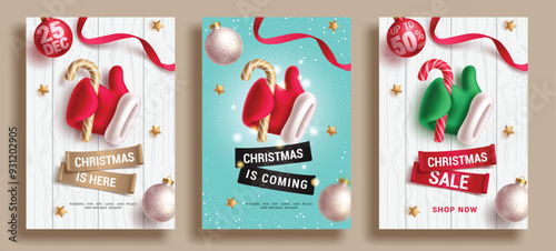 Christmas sale text vector poster set design. Christmas holidays promotion discount offer flyers collection for season shopping template. Vector illustration xmas seasonal poster card. . 
