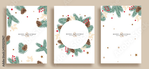 Merry christmas greetings card vector poster set. Christmas spruce, pine tree branches and wreath leaf decoration elements for xmas card collection. Vector illustration holiday season gift tags. 
