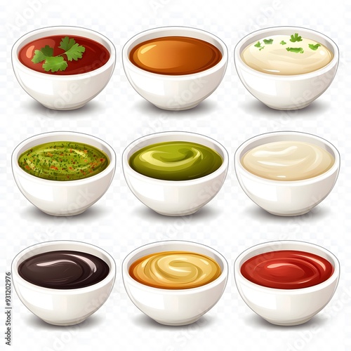 Bowls with various types of sauce isolated on transparent background