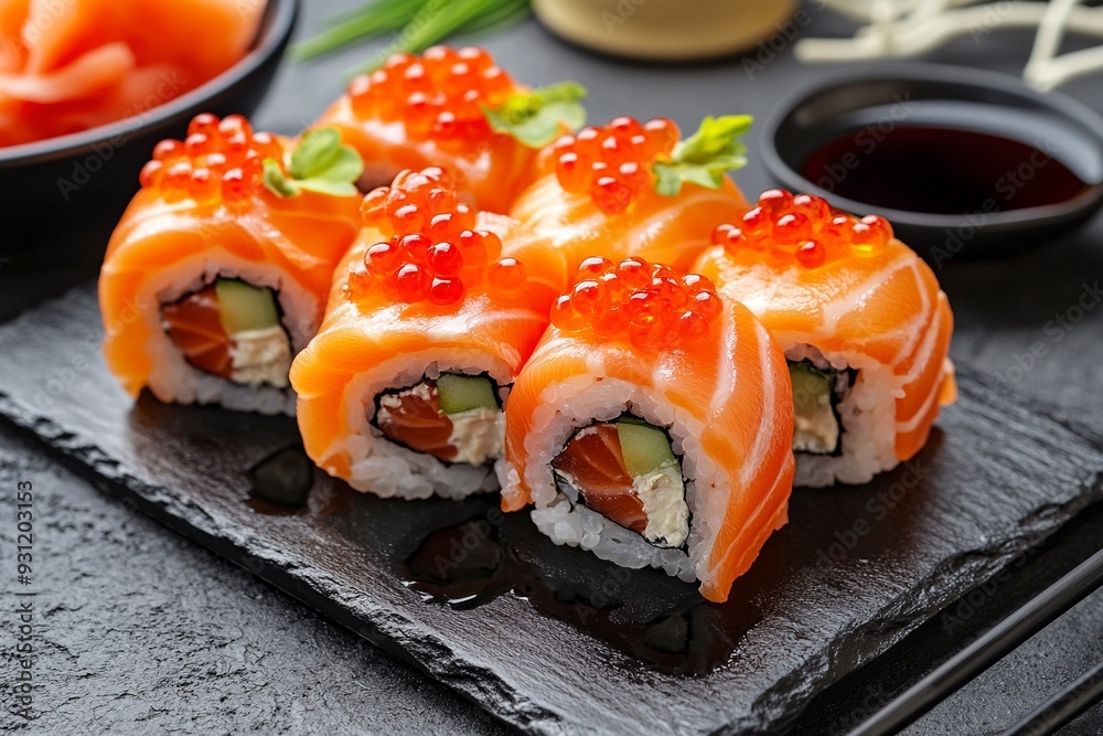 Gourmet arrangement of salmon sushi rolls topped with caviar served with soy sauce. Generative Ai Gourmet arrangement of salmon sushi rolls topped with caviar served with soy sauce. Generative Ai