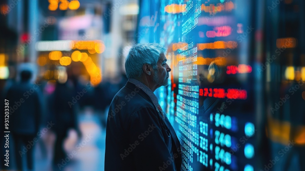 Man Observing Stock Market Data Display in a City at Night Man Observing Stock Market Data Display in a City at Night