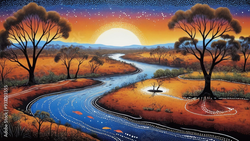 Australian Aboriginal dot painting style art landscape with river and fish