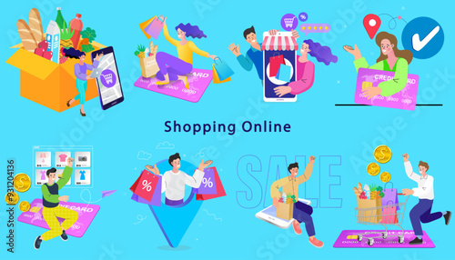 Online shop smartphone app. Mobile based marketplace. Retail business cartoon icons set.