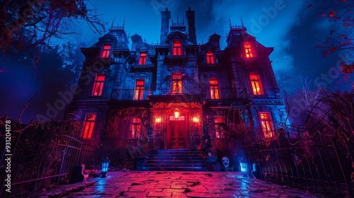 Eerie haunted house with glowing windows and spooky decor. photo