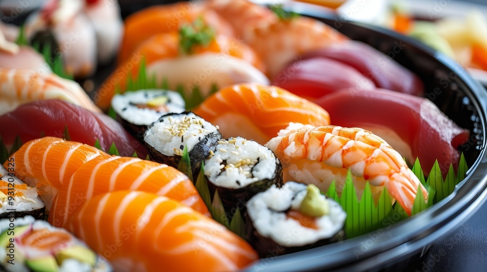 Delicious gourmet sushi plate on white background