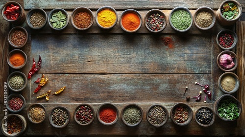 Fototapeta Naklejka Na Ścianę i Meble -  A rustic wooden table with colorful spices arranged in a pattern each spice creating a distinct visual impact