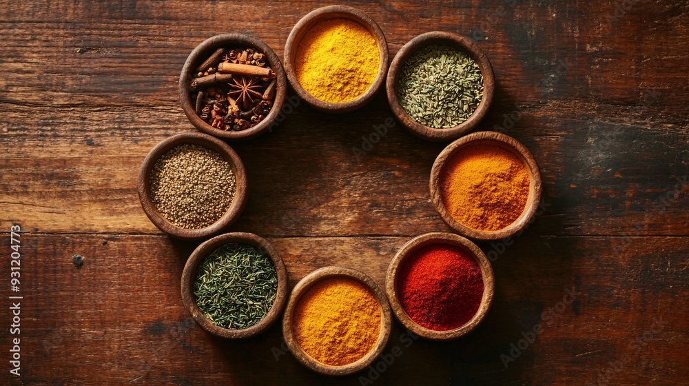 A top-down view of different spices in a circular arrangement on a wooden table highlighting the vibrant hues and textures A top-down view of different spices in a circular arrangement on a wooden table highlighting the vibrant hues and textures