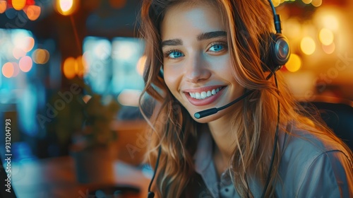 Happy Call Center Operator: Young Woman Smiling While Wearing Headset at Work