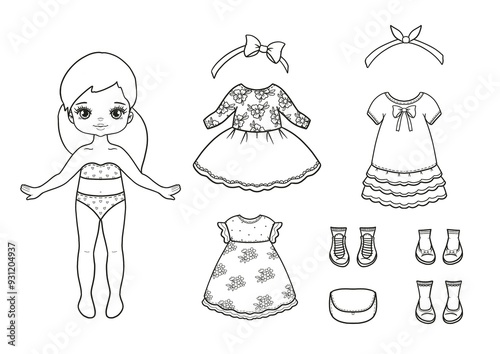 Paper doll clothes outline. Cute girl with clothes set, collection. Fashion baby girl coloring book, Coloring page. Printable. Toy, game for children.Dress up, cutout. Kids drawing activity