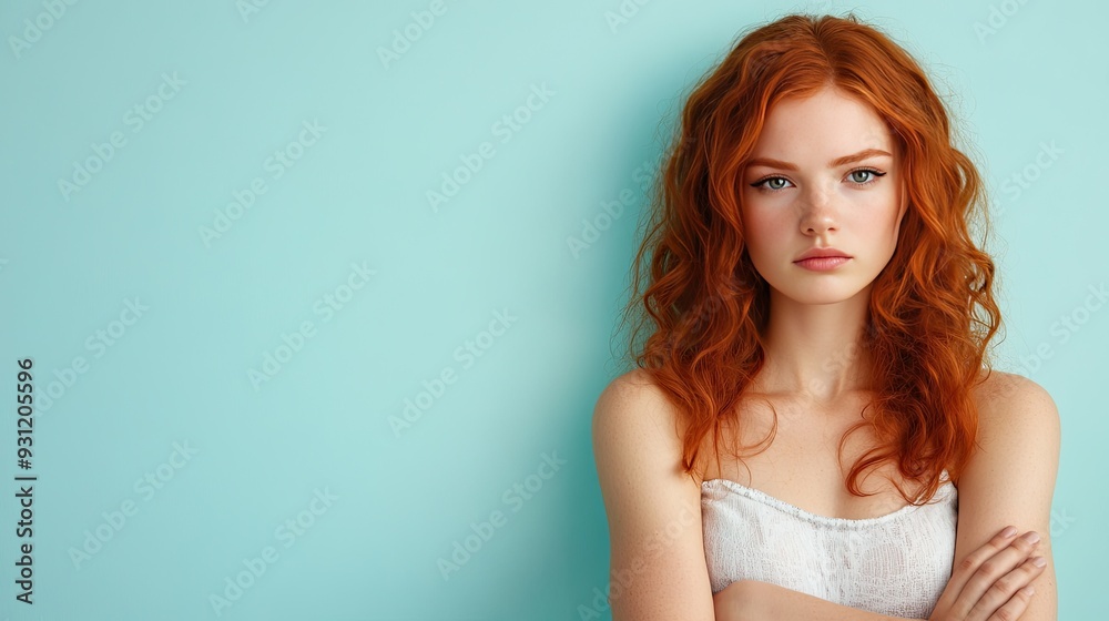 Young redhead woman with long curly hair posing in a white top against a blue background. Young redhead woman with long curly hair posing in a white top against a blue background.