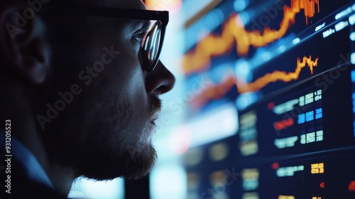 Man in Glasses Looking at Stock Market Data