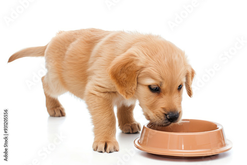Golden Retriever puppy eating from a bowl on a white background. Adorable and hungry, the pup is focused on its meal, creating a perfect image for pet-related content, advertisements, or products.