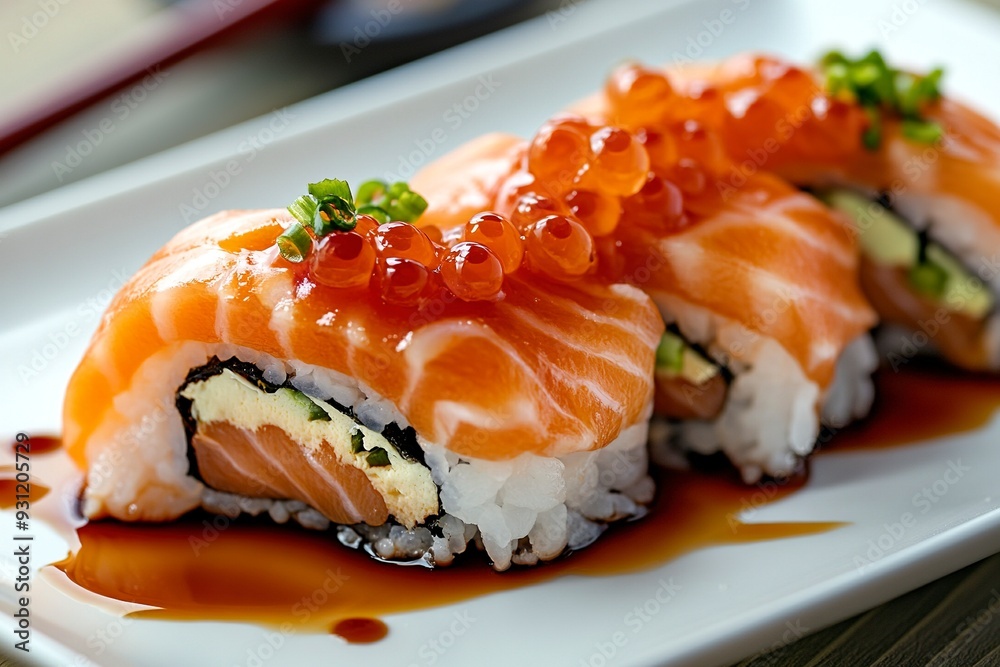 Gourmet arrangement of salmon sushi rolls topped with caviar served with soy sauce. Generative Ai Gourmet arrangement of salmon sushi rolls topped with caviar served with soy sauce. Generative Ai