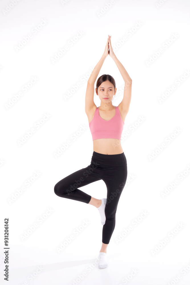 Portrait young asian woman in sportswear doing practice yoga for stretch hands isolated white background, female exercise and workout training for leisure, sport and health, woman workout for health.