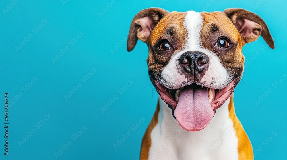 A brown and white dog with its tongue out smiling on a blue background. A brown and white dog with its tongue out smiling on a blue background.