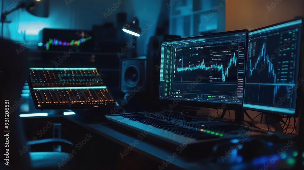 Music Production Studio with Two Computer Monitors Displaying Audio Waveforms Music Production Studio with Two Computer Monitors Displaying Audio Waveforms