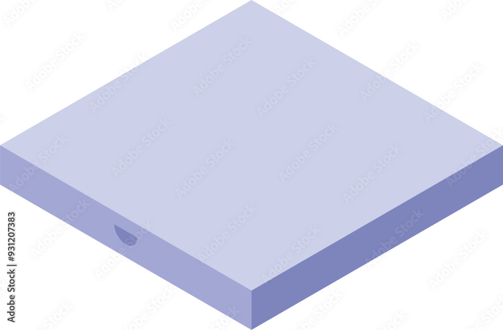 Closed light purple pizza box laying flat is shown in an isometric view Closed light purple pizza box laying flat is shown in an isometric view