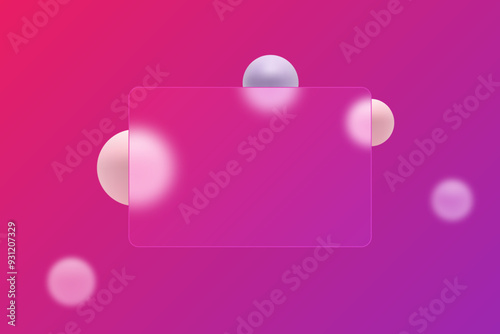 Rectangular transparent partition, presentation screen with the effect of glass overlay on floating colored gradient spheres.
