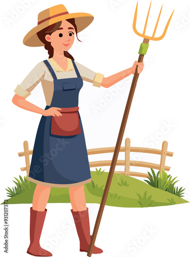 Female farmer is holding a pitchfork in her hand on a farm