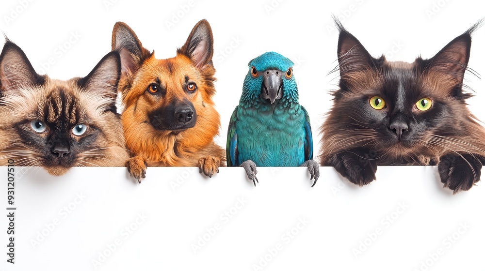 A cat, a dog, and a parrot looking over a white surface. A cat, a dog, and a parrot looking over a white surface.